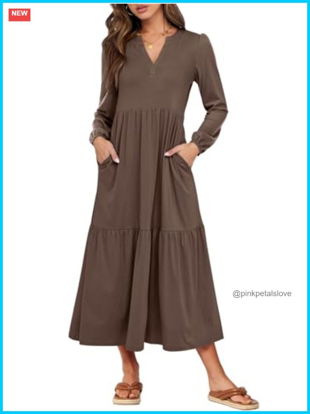 Women's Long Sleeve Boho Maxi Dress Tiered Ruffle Hem V-Neck Pockets